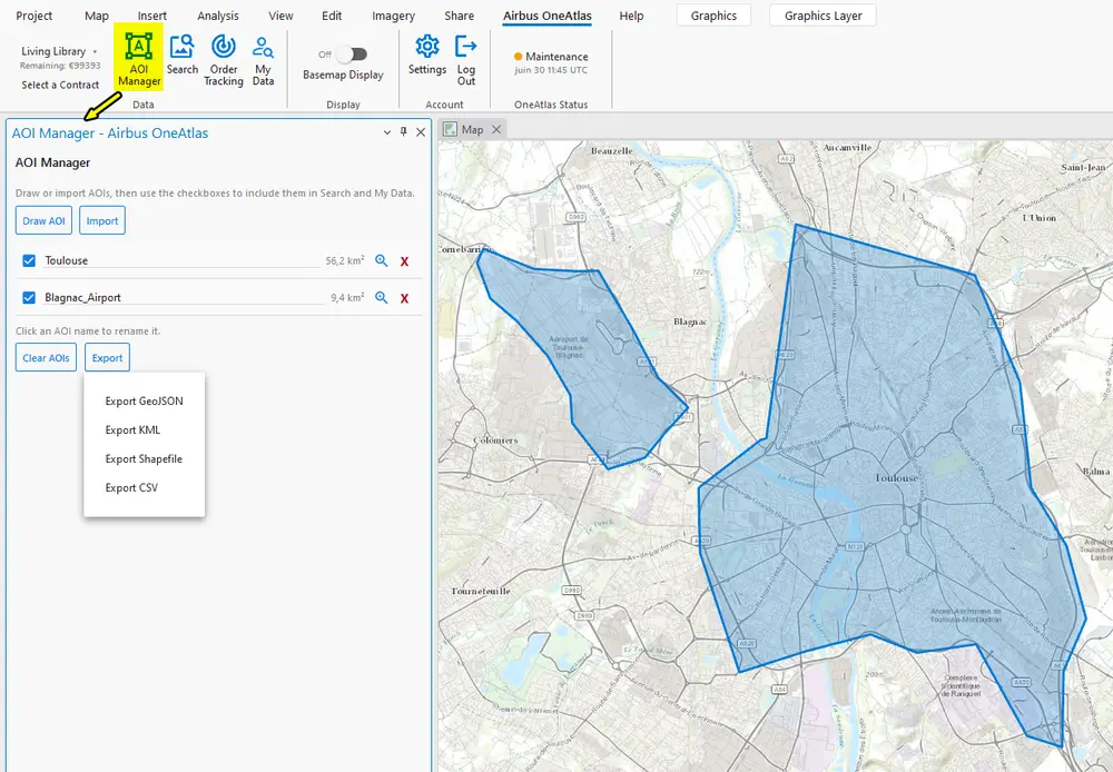 Figure 4 — AOI Manager with two active areas (Toulouse, Blagnac Airport) and the Export menu open