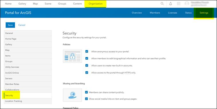 arcgis security configuration panel